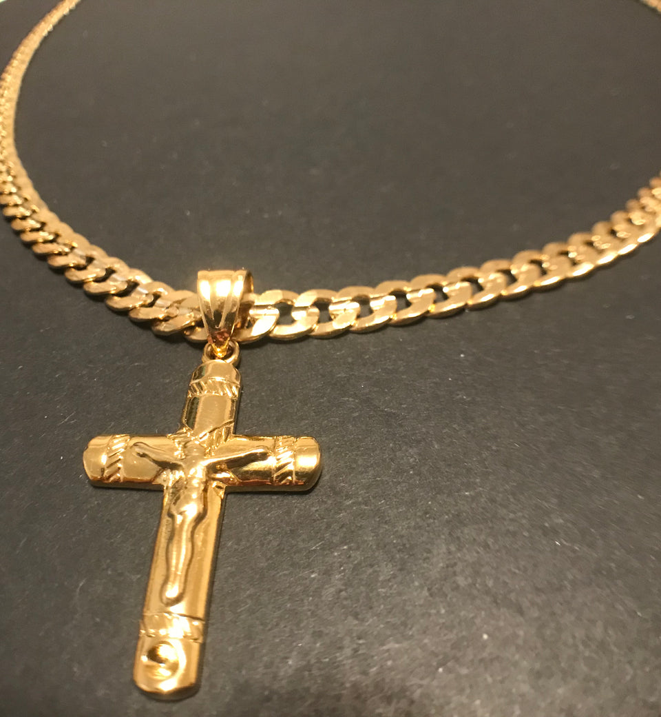 24K Gold Plated 6mm Curb Chain Necklace with Cross Pendant - Ruby's Jewelry