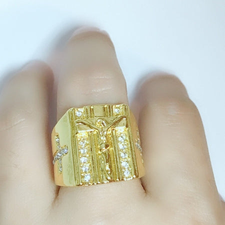 18K Gold Plated Jesus and Cross Ring with Diamonds - Ruby's Jewelry