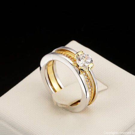 18K Gold Plated Double Ring Set with Zircon Diamond - Ruby's Jewelry