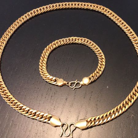 24K Gold Plated Jewelry Set - 8mm Curb Chain Necklace and Bracelet - Ruby's Jewelry