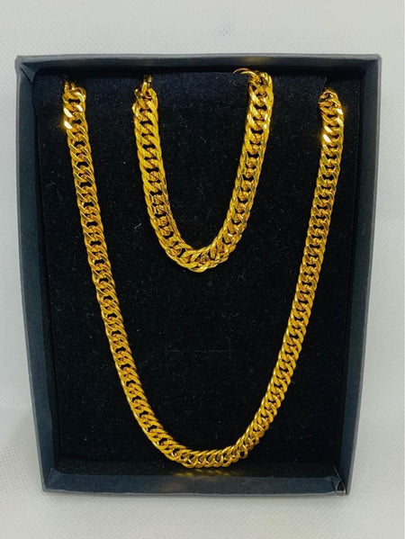 24K Gold Plated Jewelry Set - 8mm Curb Chain Necklace and Bracelet - Ruby's Jewelry