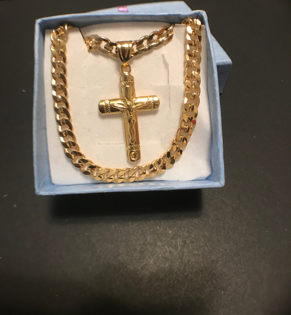24K Gold Plated 6mm Curb Chain Necklace with Cross Pendant - Ruby's Jewelry