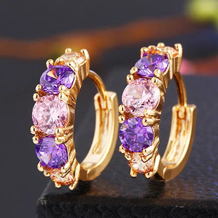 18K Gold Plated Huggie Hoop Earrings with Purple and Pink Crystals - Ruby's Jewelry