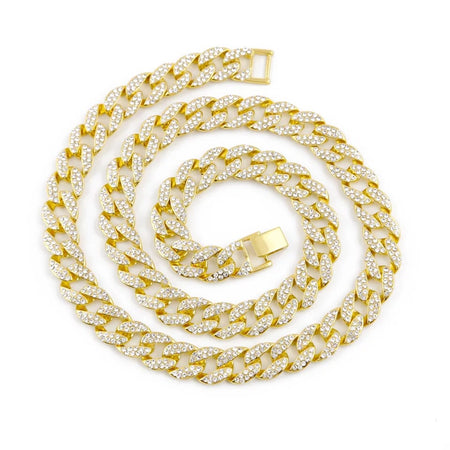 18K Gold Plated Cuban Link Necklace with Rhinestone Diamonds - Ruby's Jewelry