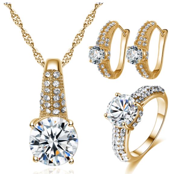 18K Gold Plated Jewelry Set with Rhinestones - Earrings, Necklace, and Ring - Ruby's Jewelry