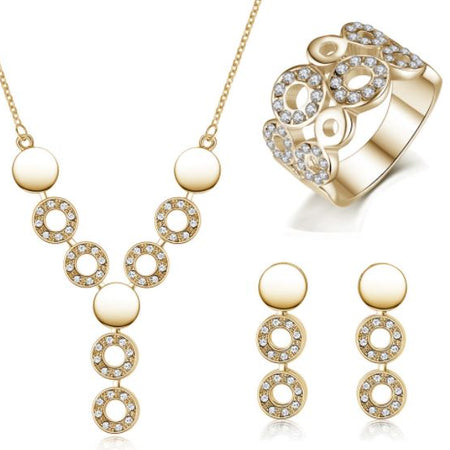 18K Gold Plated Jewelry Set with Rhinestones - Earrings , Necklace, and Ring - Ruby's Jewelry