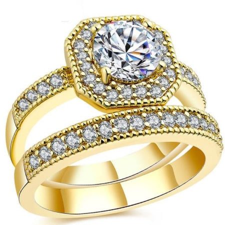 18K Gold Plated Couple Rings with Zircon Diamonds - Ruby's Jewelry