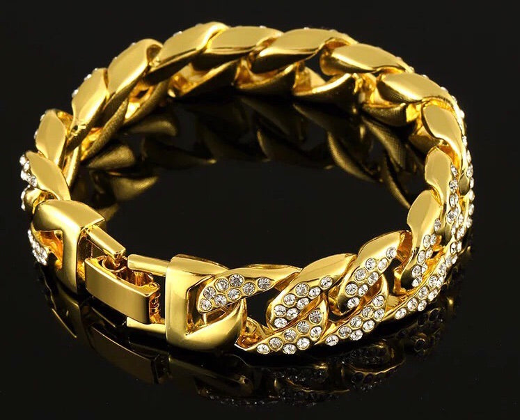 24K Gold Plated Curb Chain Bracelet with Rhinestone Diamonds - Ruby's Jewelry