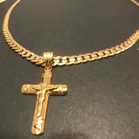 24K Gold Plated 6mm Curb Chain Necklace with Cross Pendant - Ruby's Jewelry