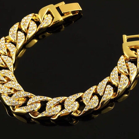 24K Gold Plated Curb Chain Bracelet with Rhinestone Diamonds - Ruby's Jewelry