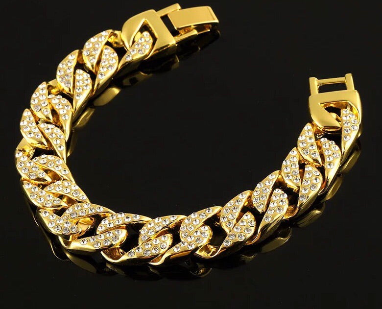 24K Gold Plated Curb Chain Bracelet with Rhinestone Diamonds - Ruby's Jewelry