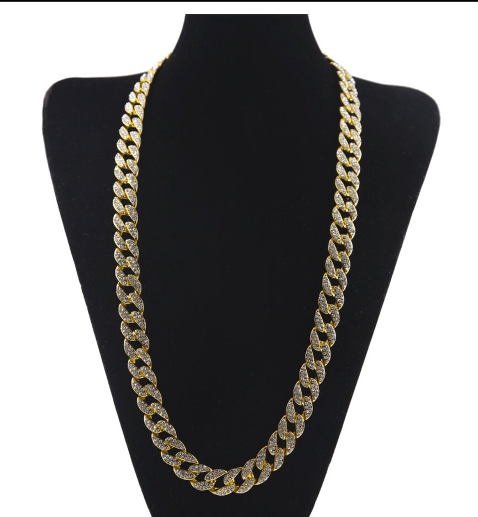 18K Gold Plated Cuban Link Necklace with Rhinestone Diamonds - Ruby's Jewelry