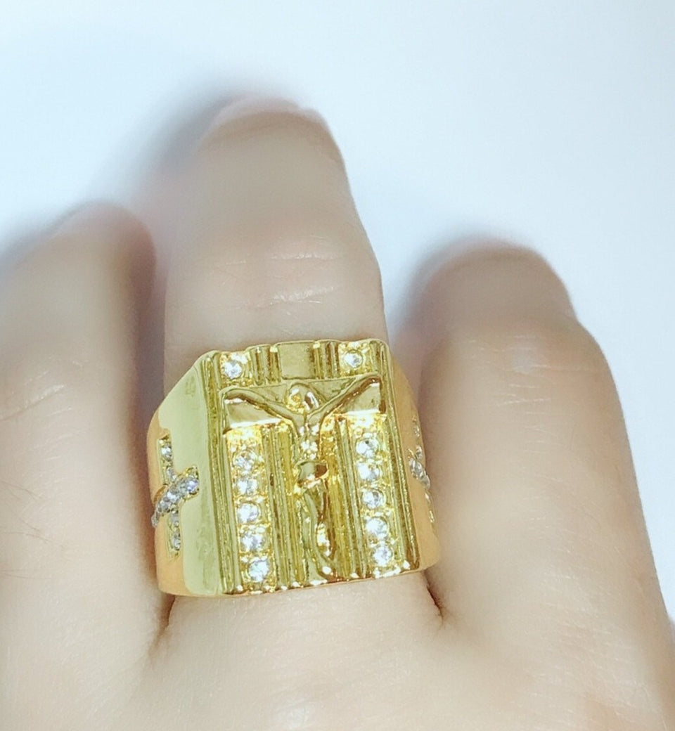 18K Gold Plated Jesus and Cross Ring with Diamonds - Ruby's Jewelry
