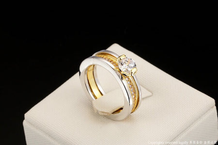 18K Gold Plated Double Ring Set with Zircon Diamond - Ruby's Jewelry