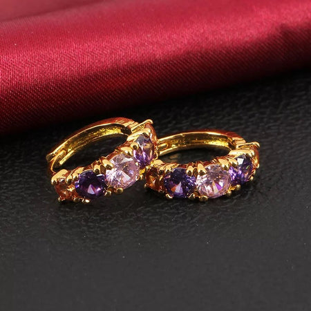 18K Gold Plated Huggie Hoop Earrings with Purple and Pink Crystals - Ruby's Jewelry