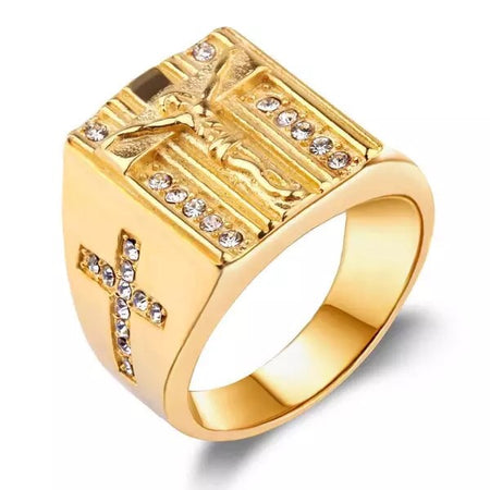18K Gold Plated Jesus and Cross Ring with Diamonds - Ruby's Jewelry