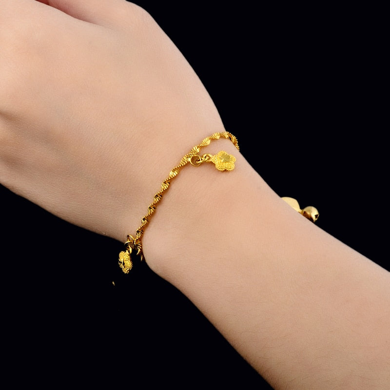 24K Gold Plated Fine Bracelet with Dangling Flowers - Ruby's Jewelry
